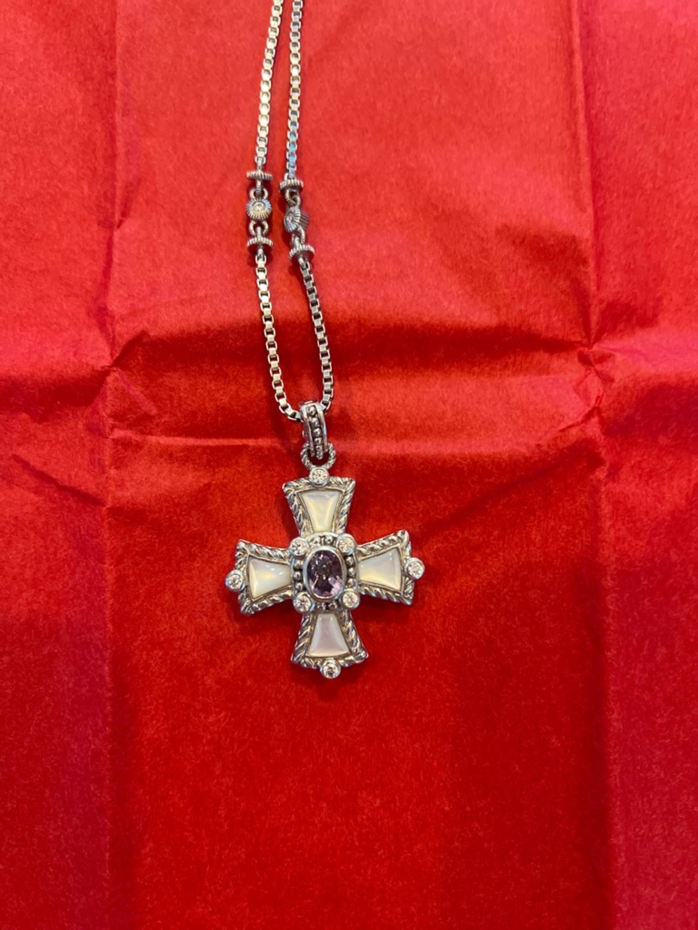 Judith Ripka Silver Cross Pendant with Mother-of-Pearl and Purple Stone - Picture 2 of 9